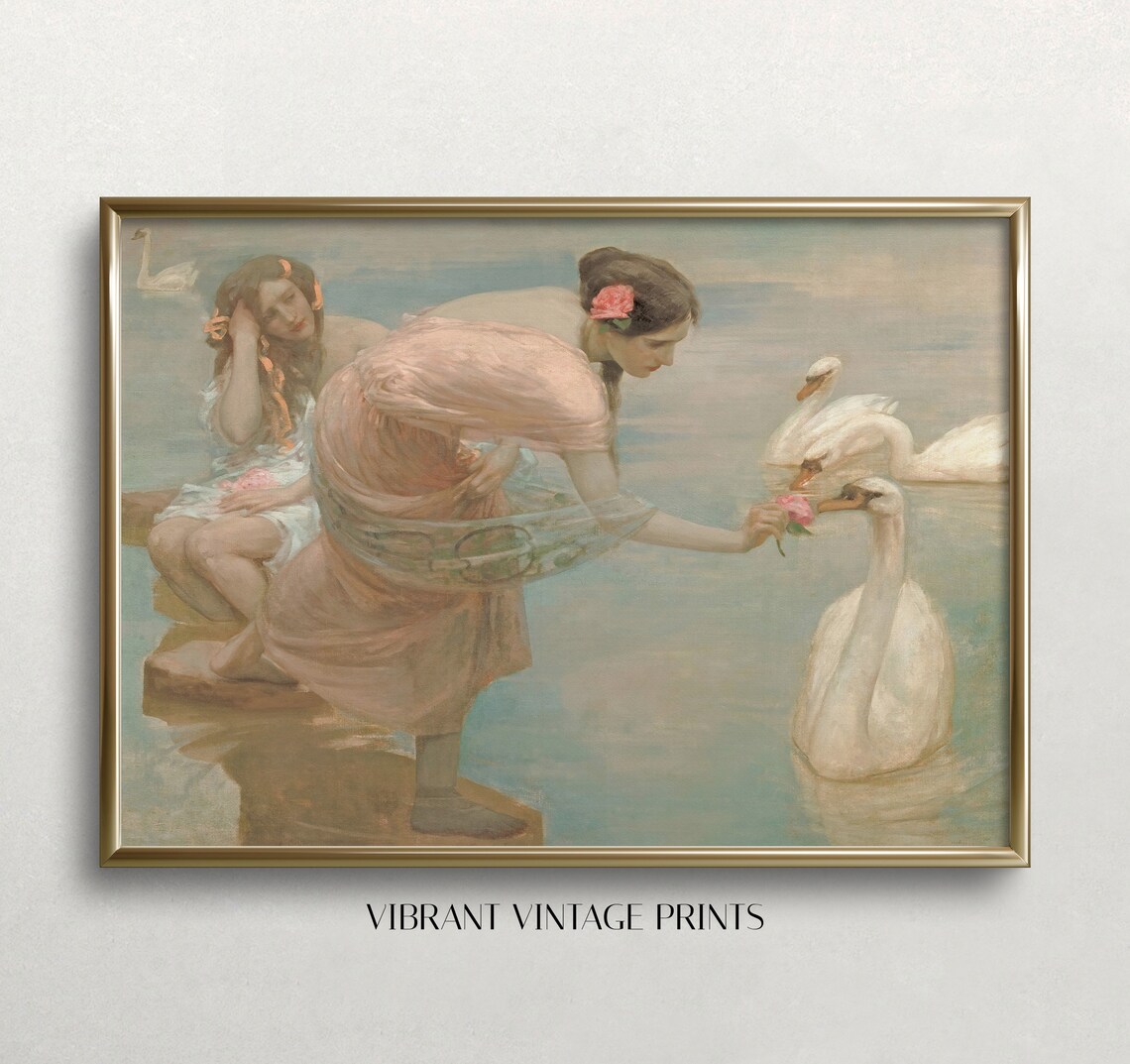 Women And Swans Vintage Art Print, Swan Portrait