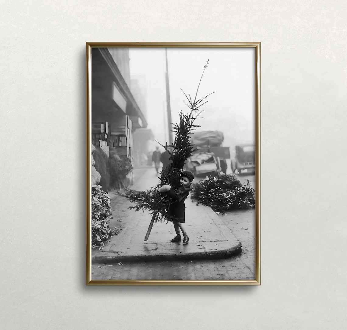 Little Boy and Christmas Tree, Vintage Holiday Art Print
