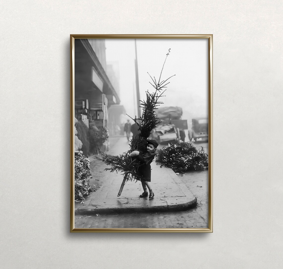 Vintage Christmas Boy and Tree, Black and White Art Print