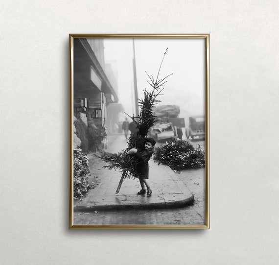 Vintage Christmas Boy and Tree, Black and White Art Print