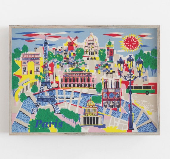 Paris Vintage Travel Poster, Colorful Map Print