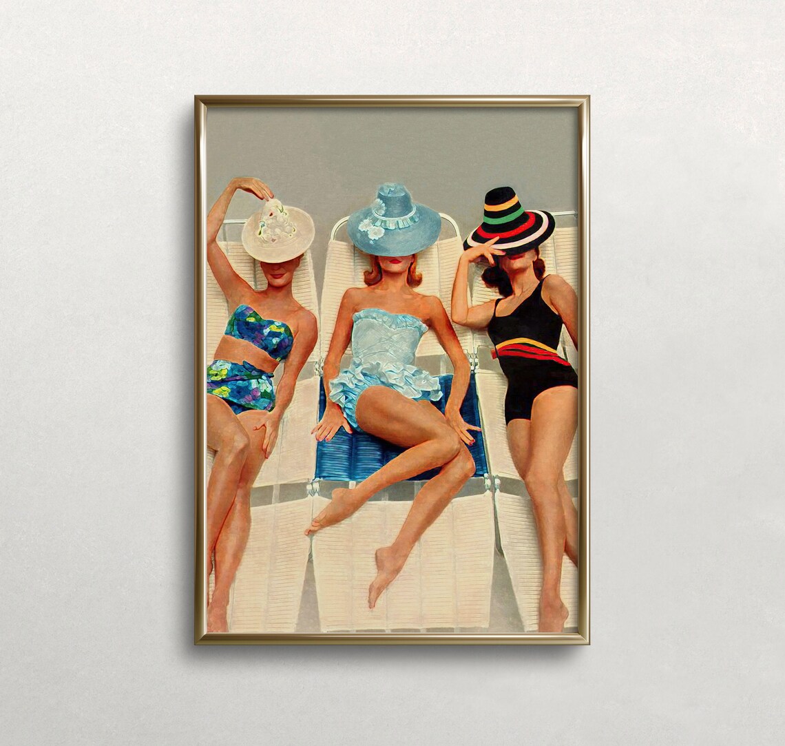 Women Sunbathing Vintage Wall Art, Retro Decor