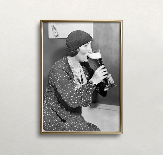 Woman Drinking Beer, Vintage Black And White Art Print