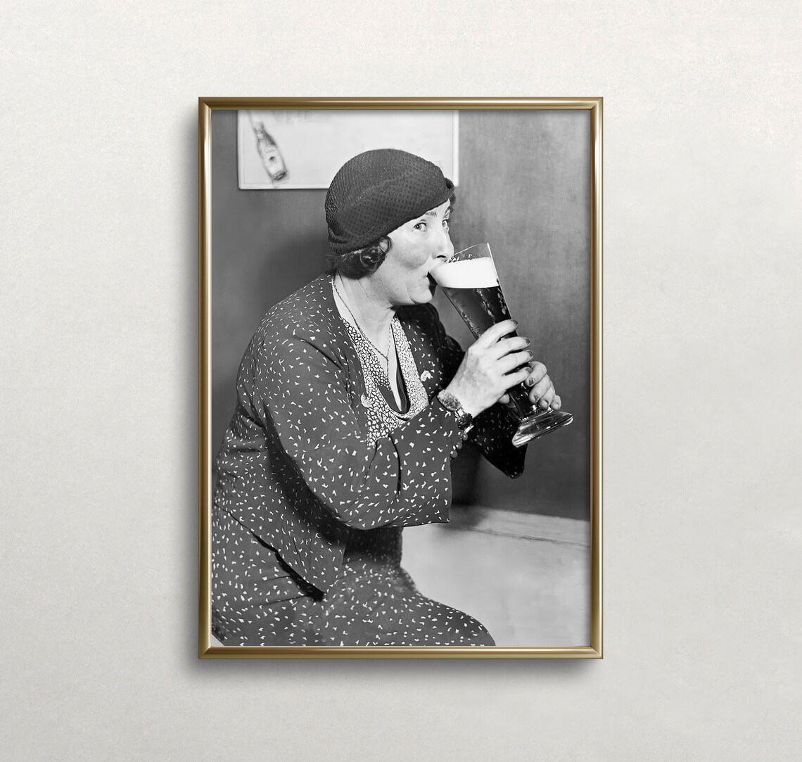Woman Drinking Beer, Vintage Black And White Art Print