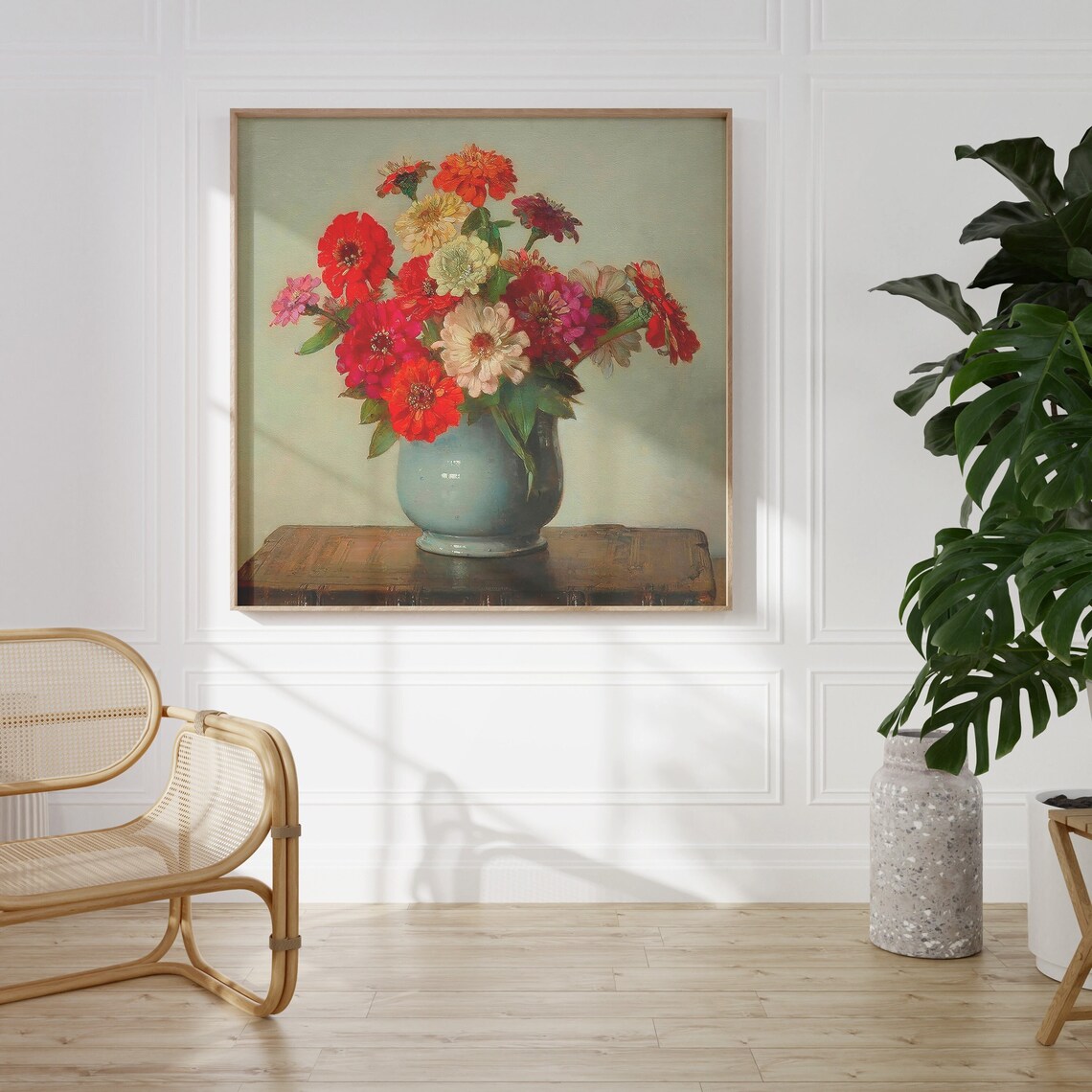 Zinnias Vintage Flower Art Print, Antique Wall Decor