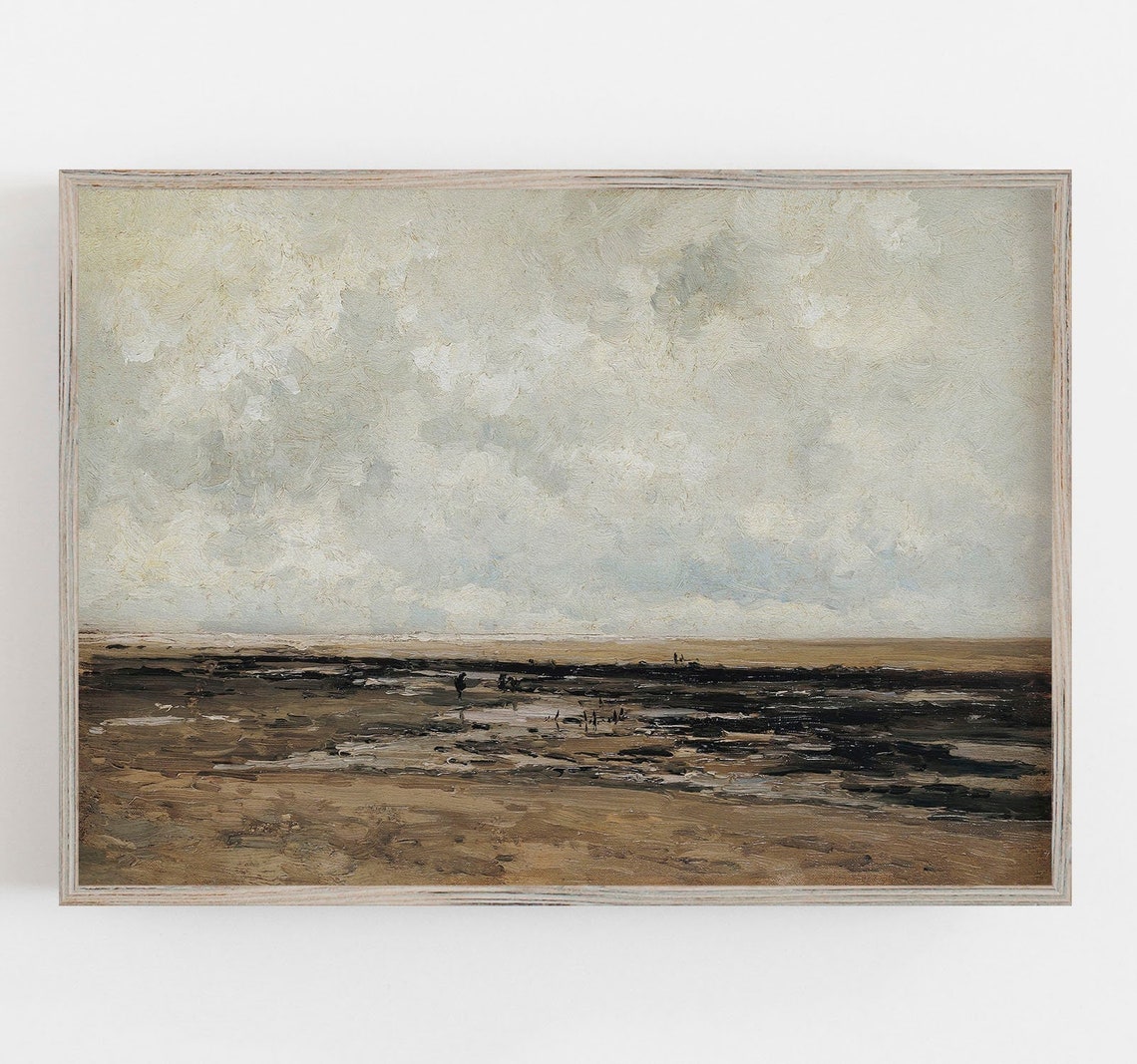 Moody Dark Beach Mudflats Minimalist Vintage Seascape Wall Art