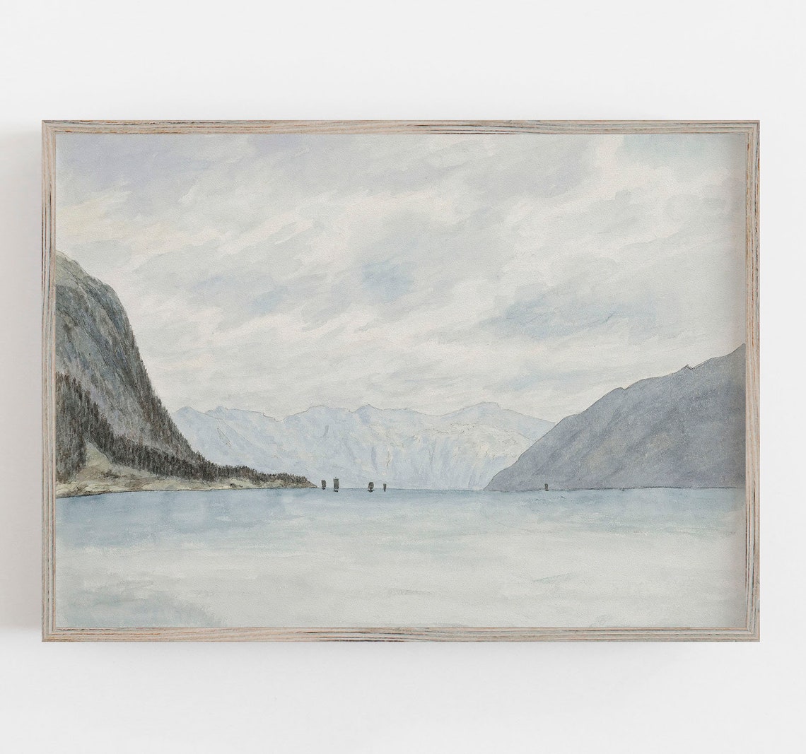 Muted Fjord Lake Mountain Watercolor Misty Grey Tones Landscape Print