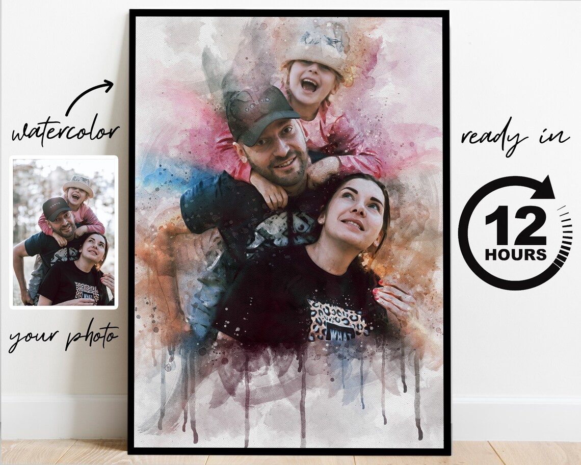 Custom Watercolor Family Portrait Couple with Baby Gift Poster - Image 3