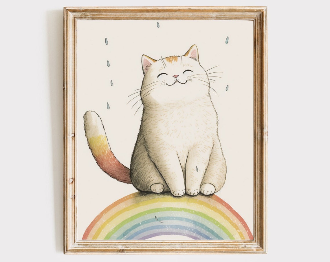 Smiling Kitten Sitting On Rainbow Nursery Cat Art Poster Nursery
