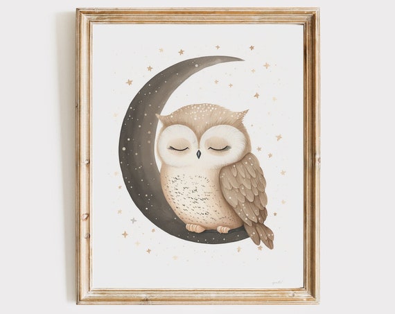 Sleeping Owl On Crescent Moon Nursery Kids Room Decor Poster