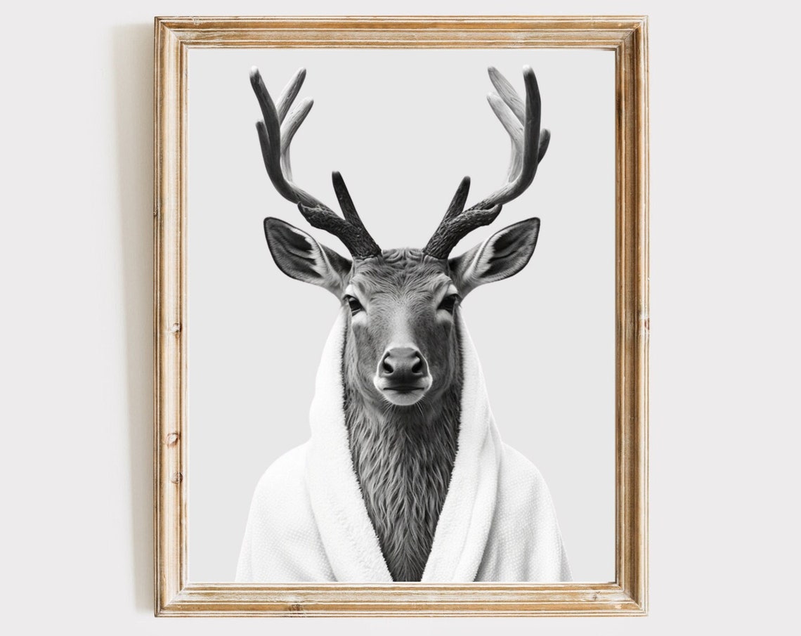 Deer In White Bathrobe Funny Bathroom Animal Portrait Poster