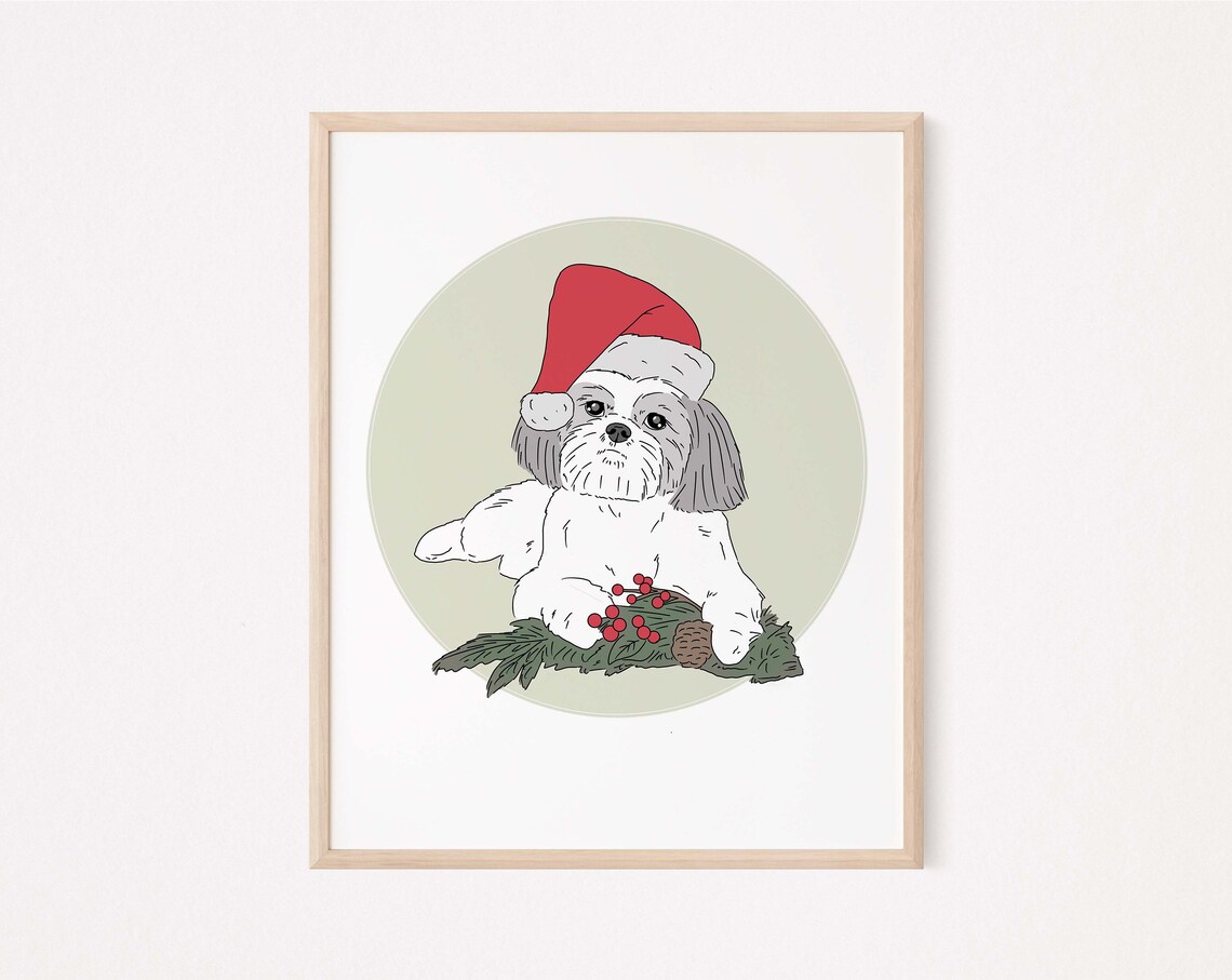 Shih Tzu Wearing Santa Hat Christmas Holiday Dog Line Art Poster