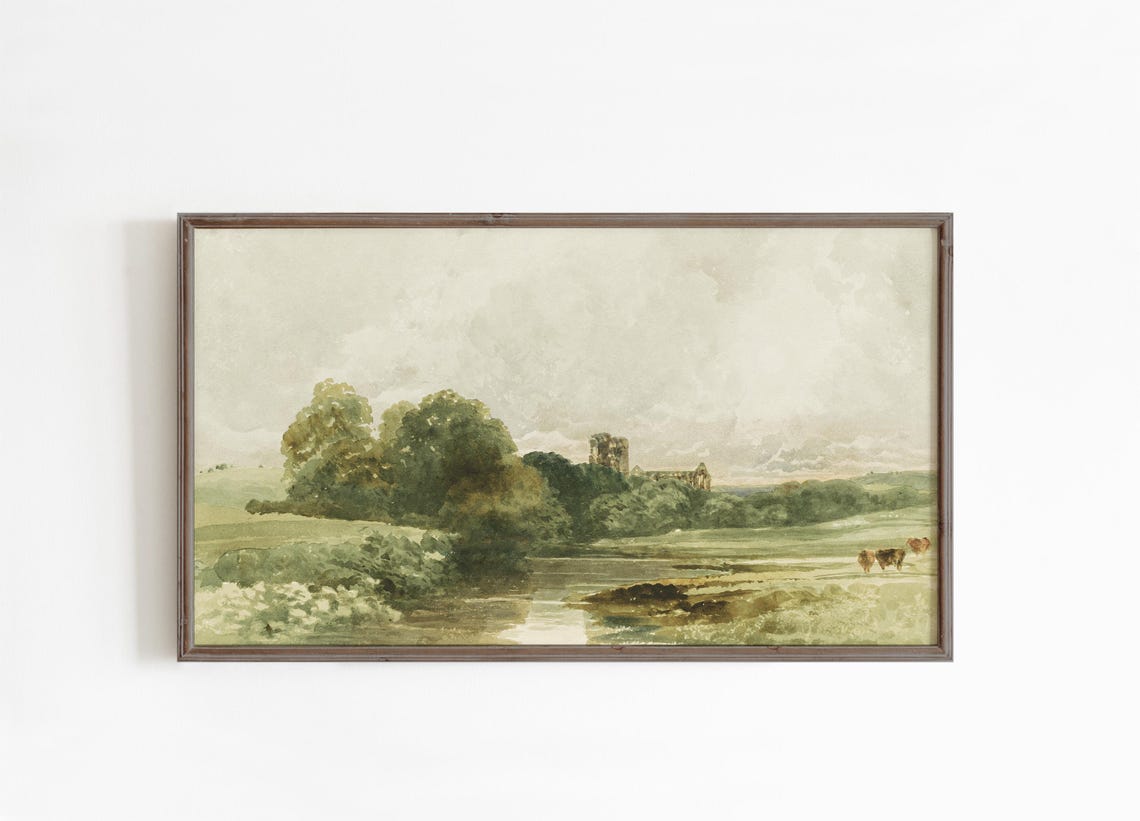 Pastoral Countryside Watercolor Meadow Cows Church Tower Poster - Image 4