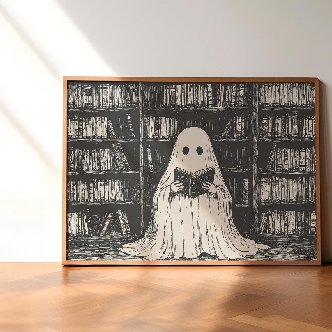 Ghost Reading Book Dark Library Vintage Engraved Halloween Poster