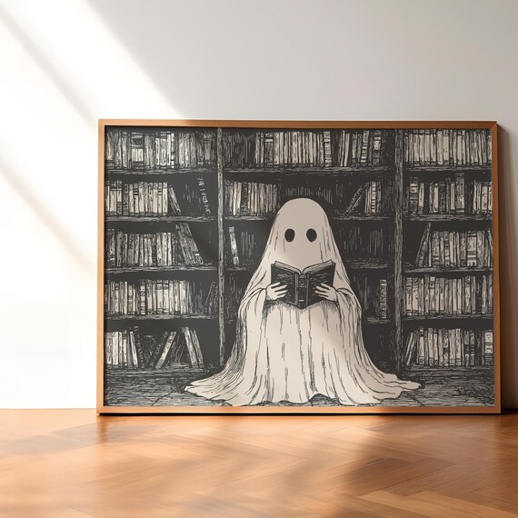 Ghost Reading Book Dark Library Vintage Engraved Halloween Poster