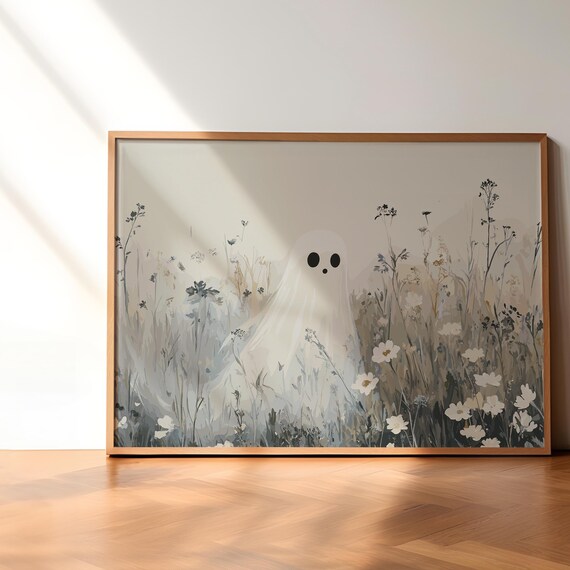 Cute White Ghost Among Wildflowers Watercolor Halloween Poster