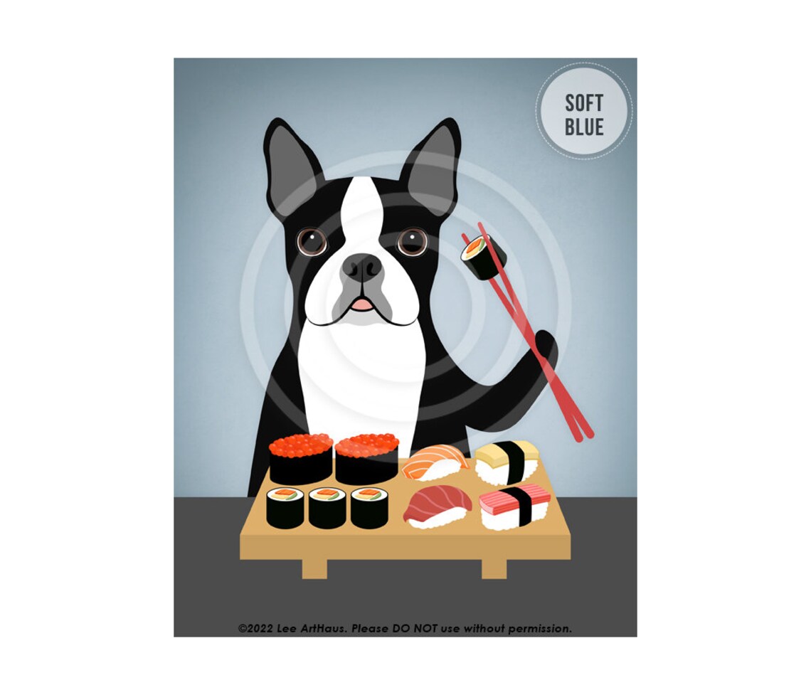Boston Terrier Eating Sushi Chopsticks Platter Funny Foodie Poster - Image 2