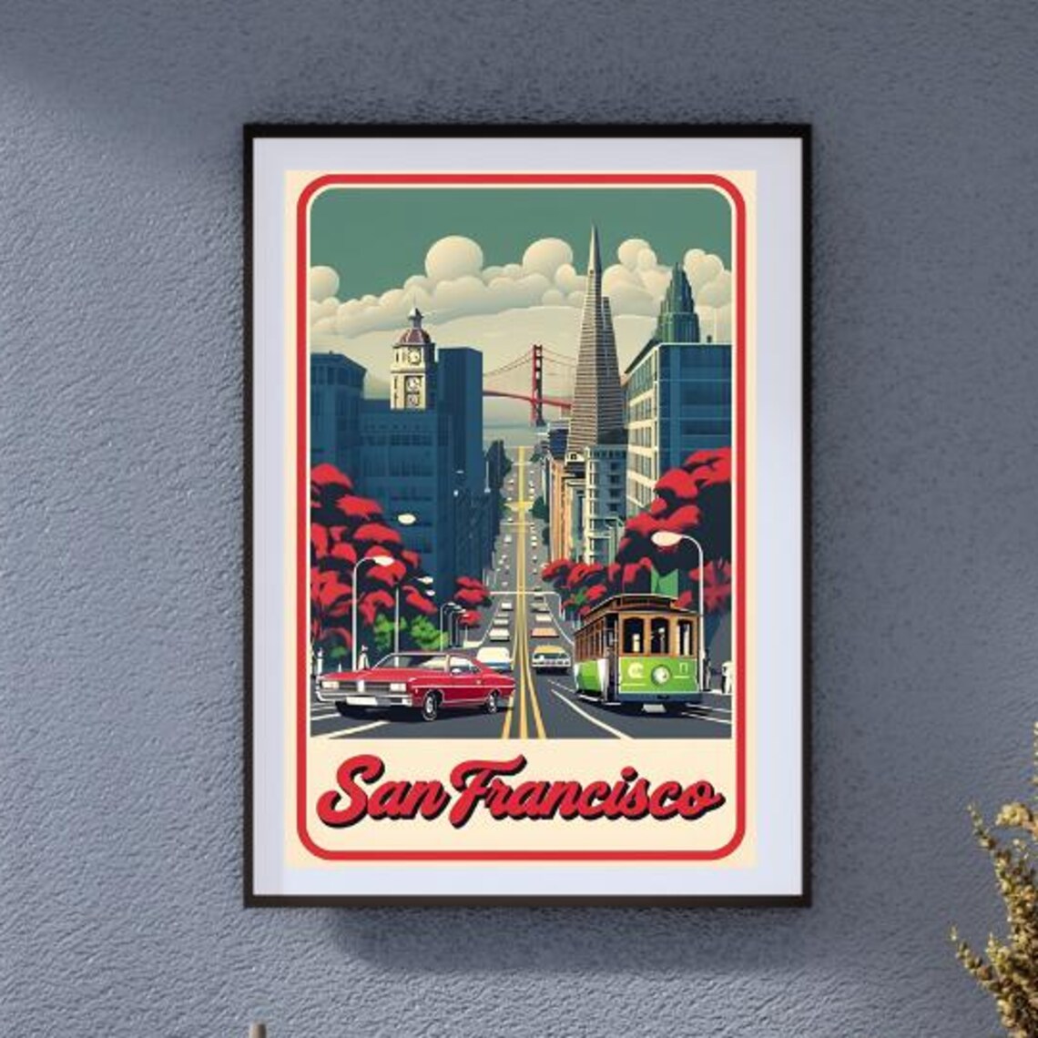 San Francisco Retro Cable Car Golden Gate Street Scene Art Poster