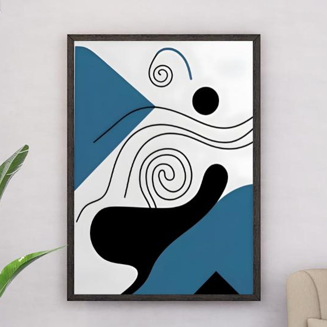 Mid Century Abstract Blue Triangle Black Wave Spiral Wall Print