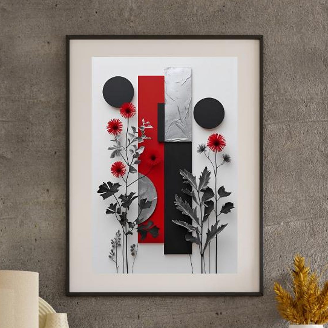 Red Silver Black Botanical Abstract Poster Modern Geometric Floral Art