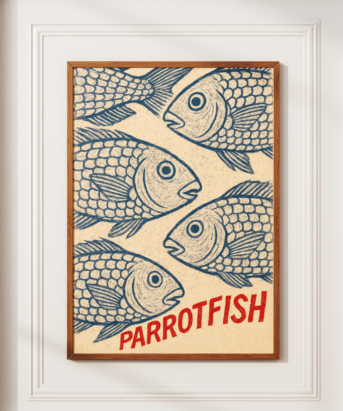 Parrotfish School Linocut Red Lettering Vintage Seafood Wall Art