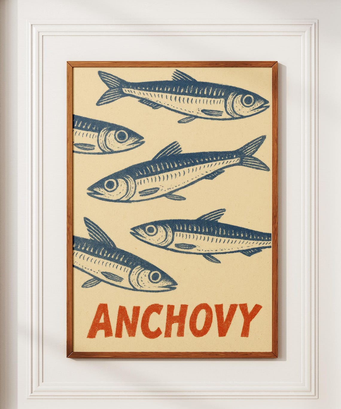 Blue Anchovy Fish Linocut Rustic Red Lettering Kitchen Wall Art