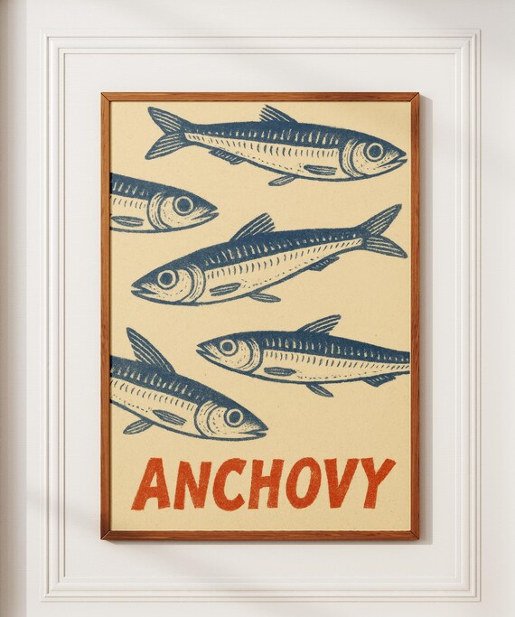Anchovy Print Tin Vintage Poster Retro Wall Art Fish Eclectic Colorful Kitchen Maximalist Seafood