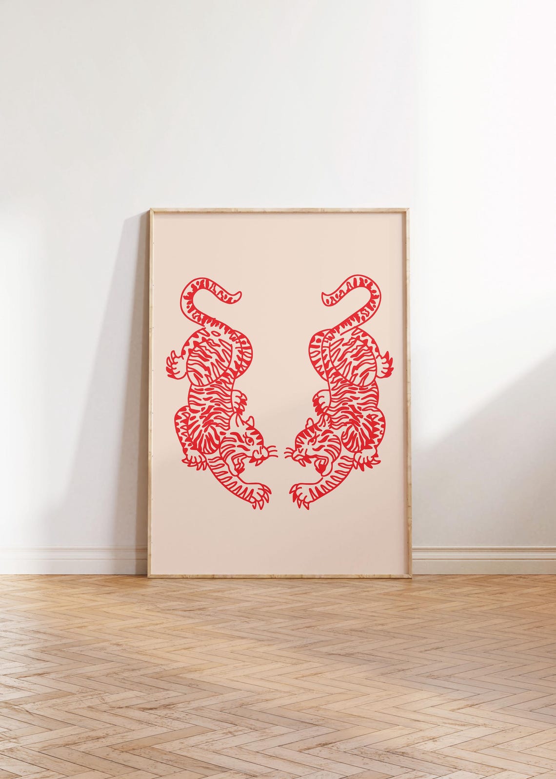 Physical Poster Tiger Minimalist Print Red Beige Wall Art Japanese Style Decor Unique Cheetah Leopard