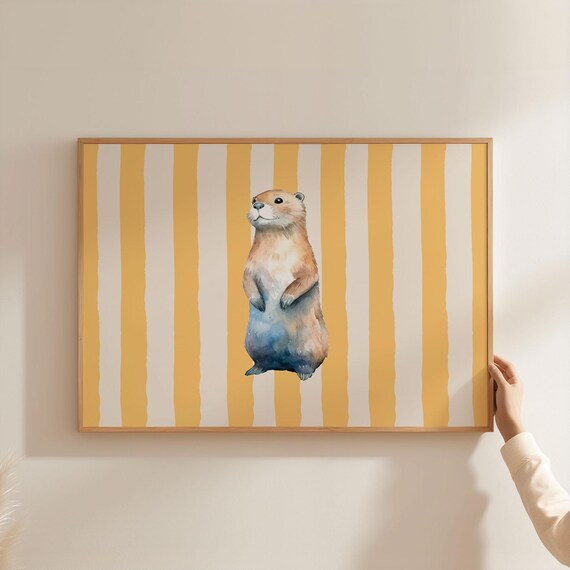 Cute Meerkat Standing on Yellow White Stripes Nursery Animal Poster