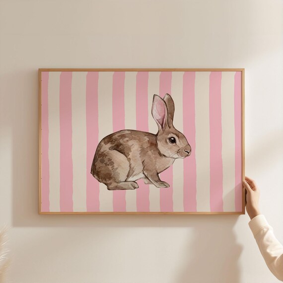 Physical Poster Rabbit Nursery Print Pink Stripe Line Pattern Easter Modern Art For Kids Home Decor