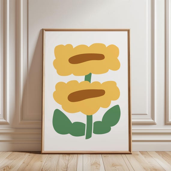 Physical Poster Cute Yellow Green Flower Nursery Wall Art Hand Drawn Botanical Daisy Colorful Wavy Floral Decor For Kids Room