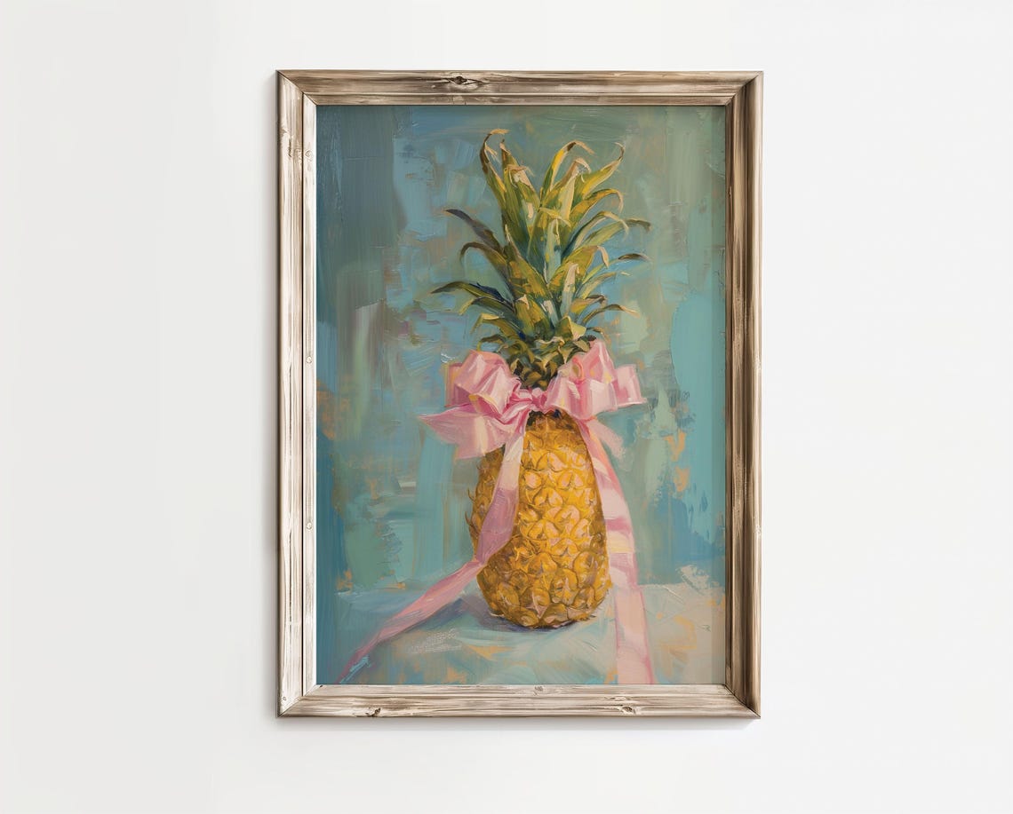 Golden Pineapple with Pink Bow Coquette Painterly Art Poster
