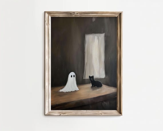 Cute Black Cat Spooky Decor Vintage Print Academia Style Painting Halloween Wall Art