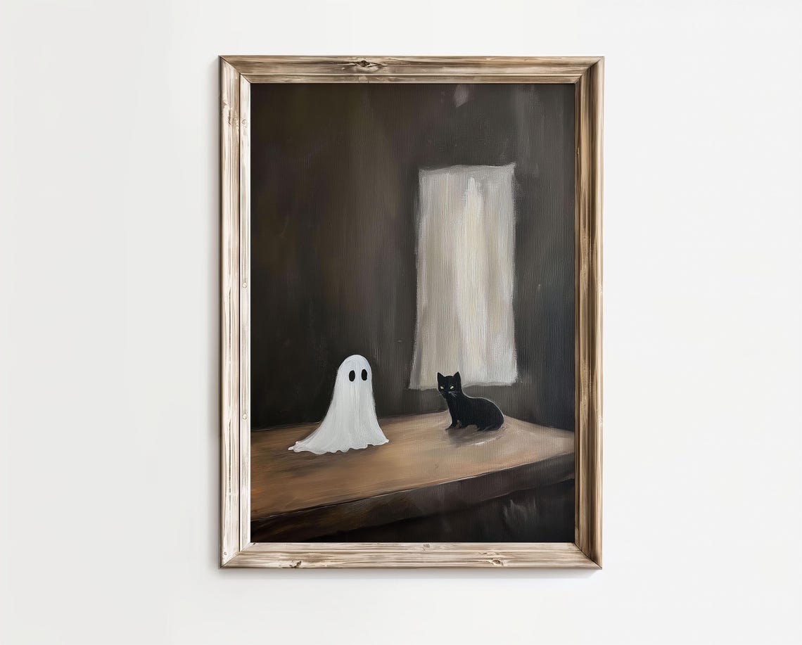 Cute Black Cat White Ghost Dark Academia Halloween Art Poster