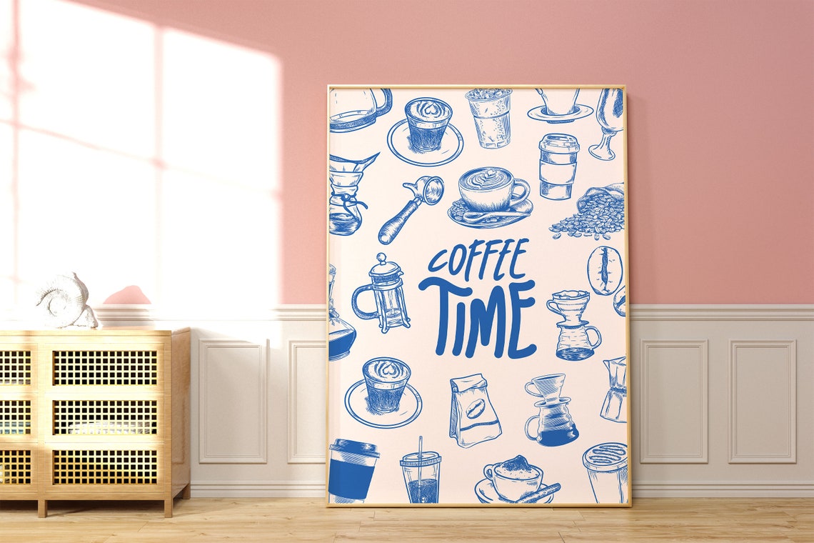 Coffee Time Blue Line Sketch Cafe Kitchen Trendy Wall Decor Poster