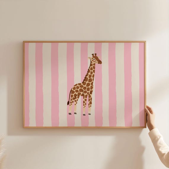 Giraffe Nursery Print Cute Animal Art Poster Landscape Pink Stripe Line Pattern For Kids Home Baby Room Decor