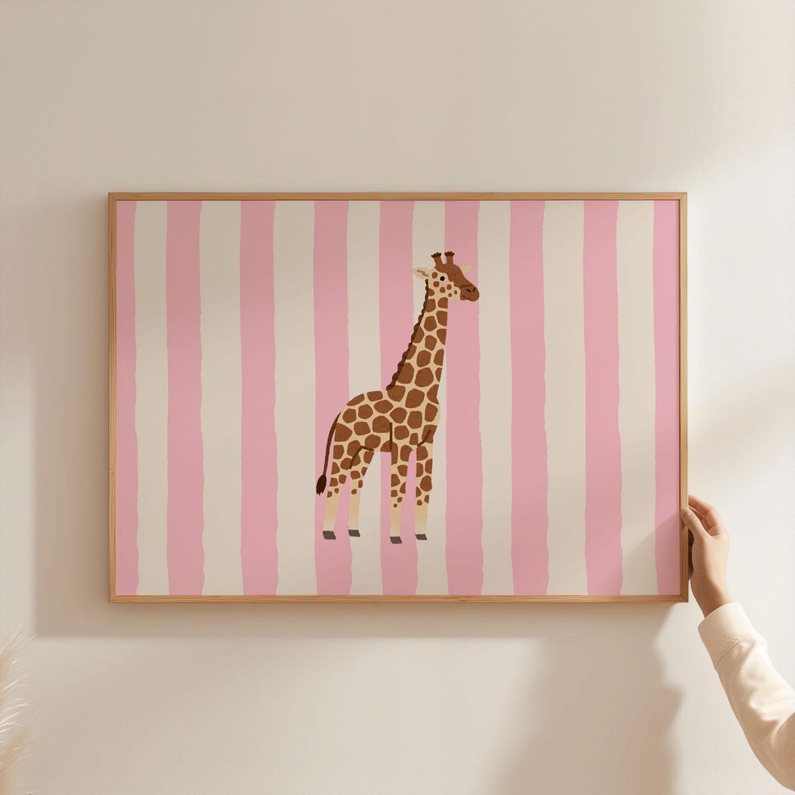 Cute Giraffe Nursery Art Pink Stripe Baby Room Wall Decor Poster