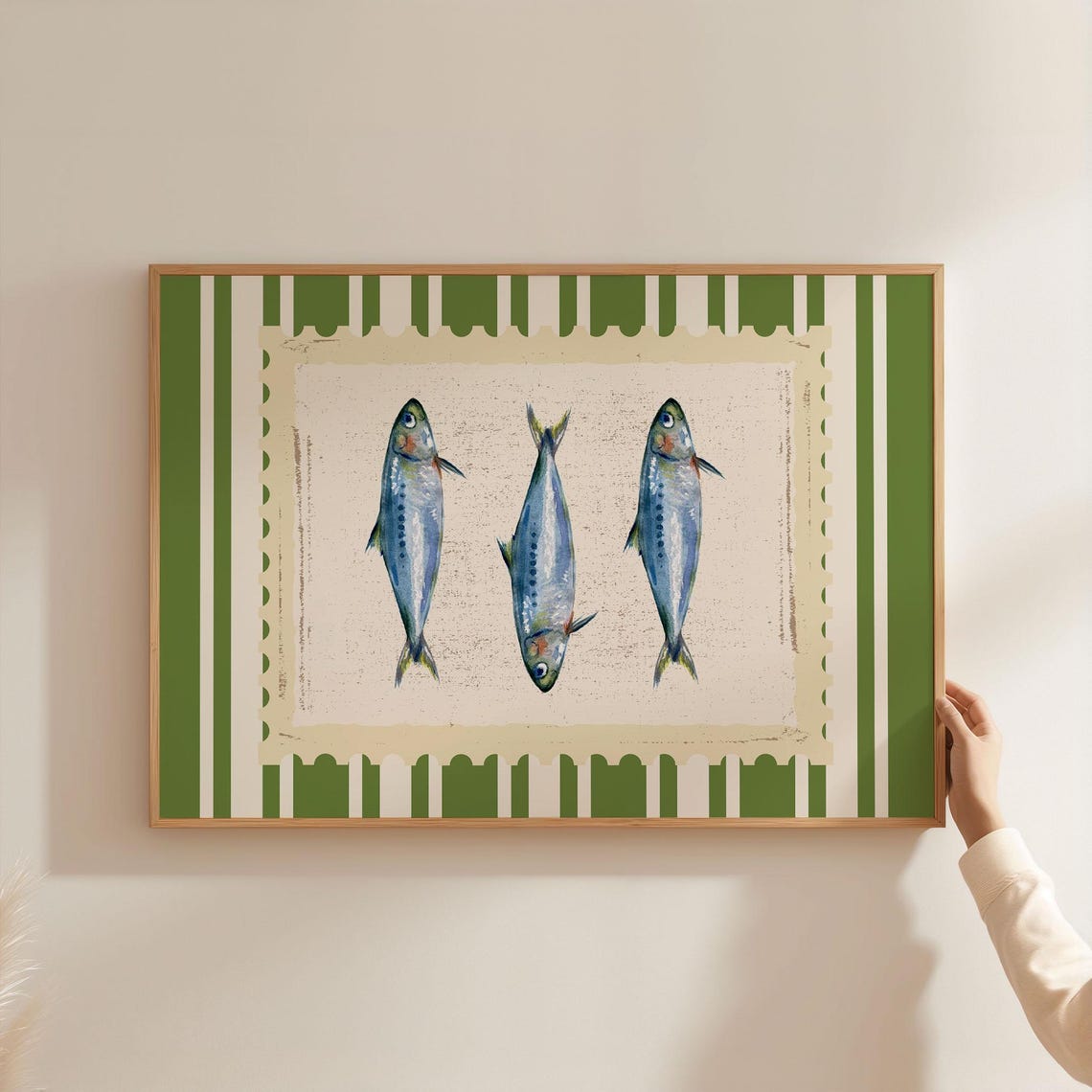 Sardines Coastal Kitchen Stamp Green Gingham Vintage Fish Wall Art