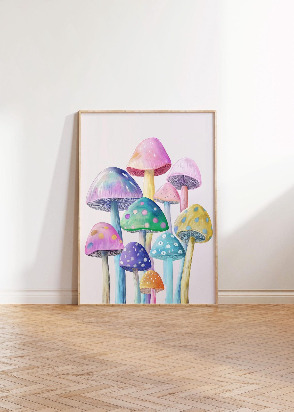 Pastel Watercolor Mushrooms Rainbow Polka Dot Forest Botanical Poster