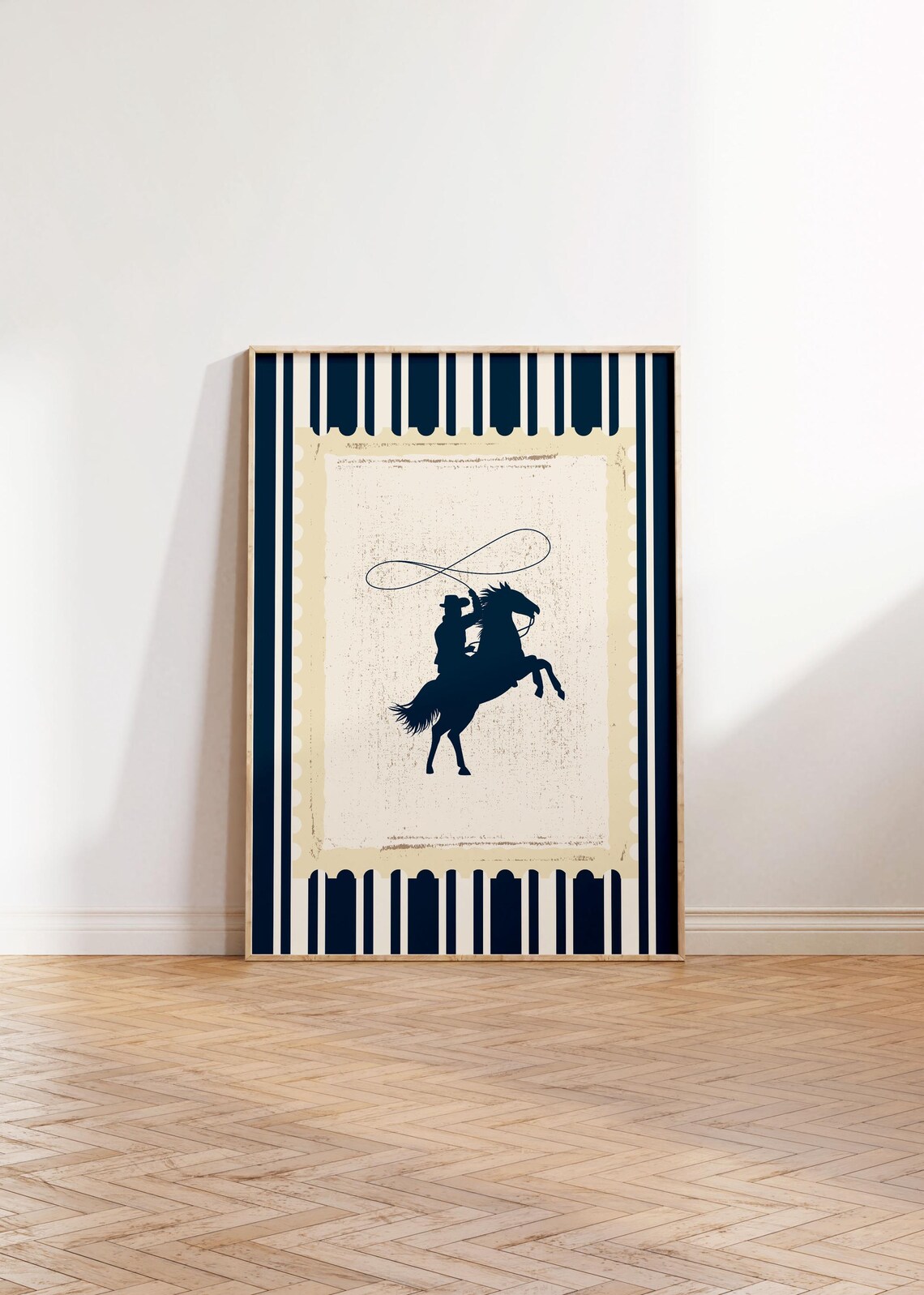 Vintage Navy Rodeo Cowboy Horse Silhouette Western Style Poster