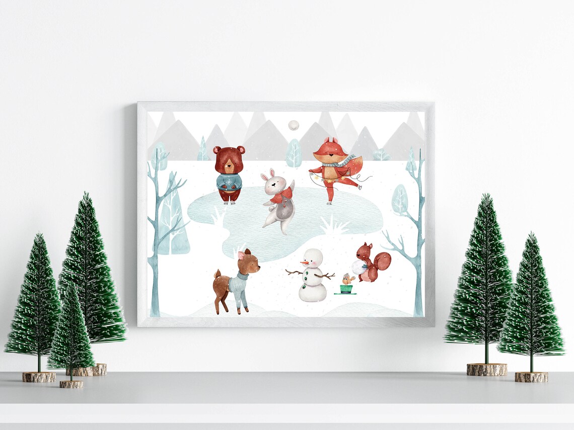 Winter Woodland Animals Ice Skating Watercolor Nursery Forest Poster - Image 3