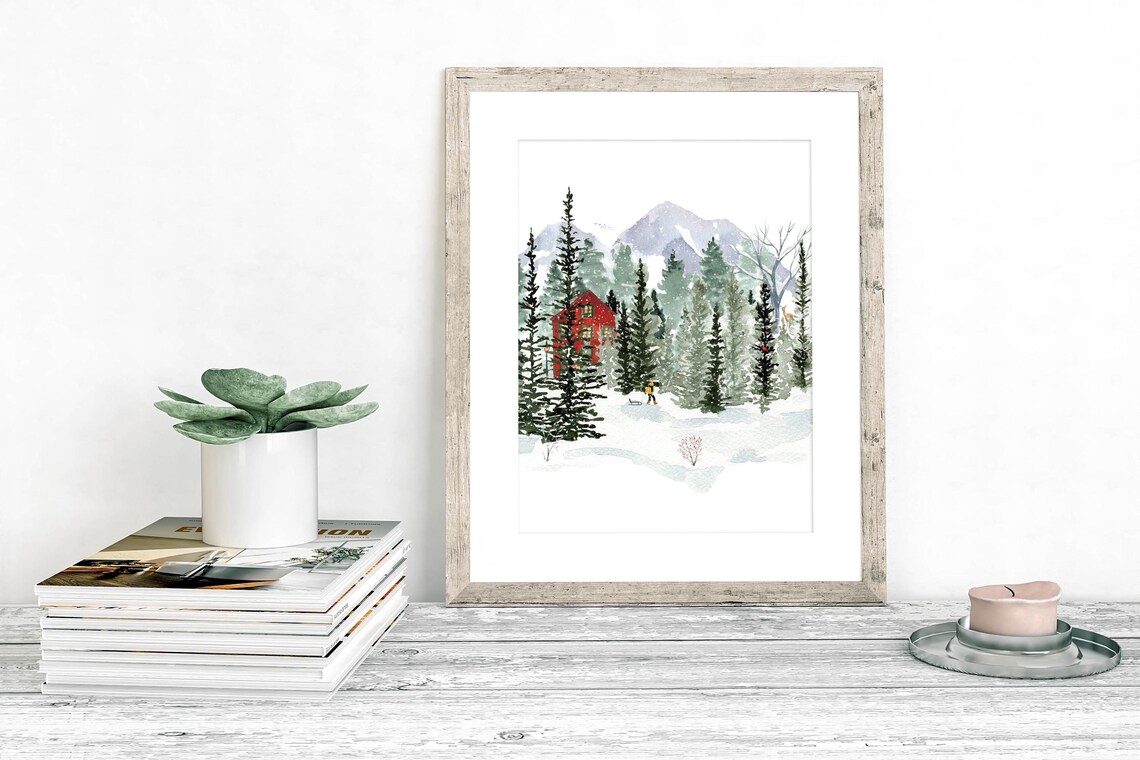 Snowy Red Cabin Watercolor Mountain Woodland Winter Landscape Poster - Image 9