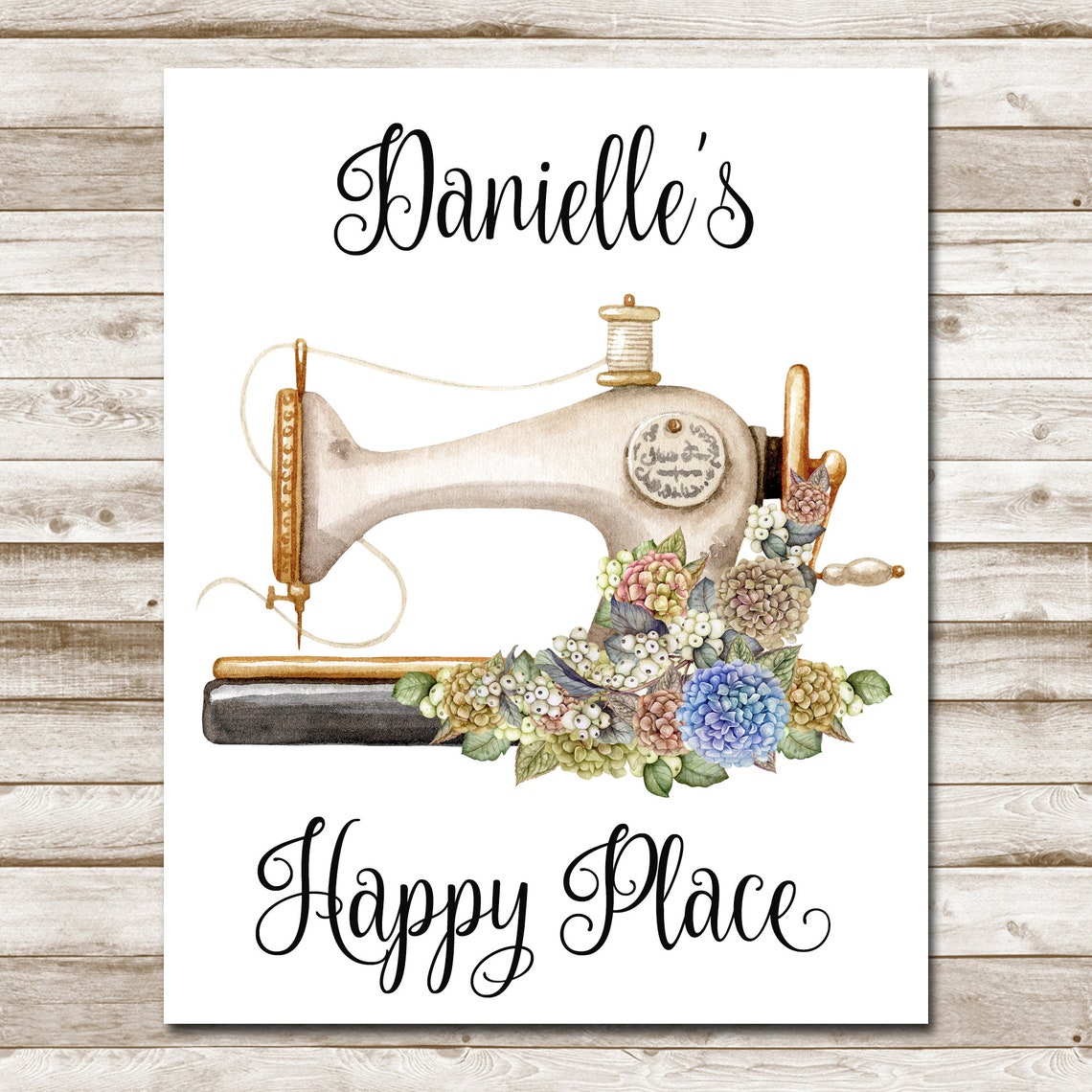 Happy Place Sewing Machine Hydrangea Personalized Craft Art Print - Image 4