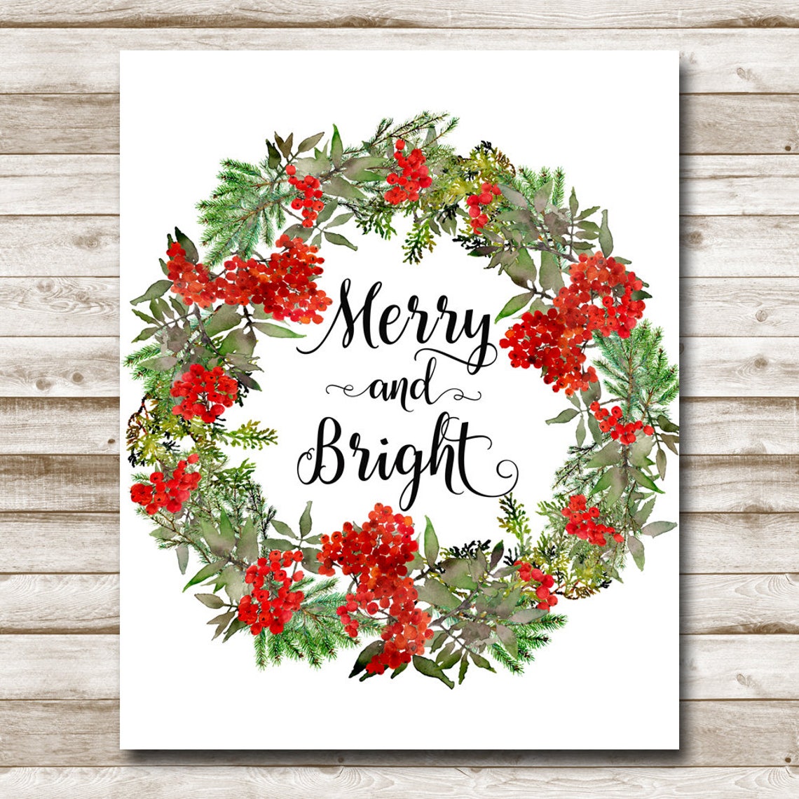 Merry and Bright Red Winterberry Wreath Watercolor Holiday Poster - Image 4