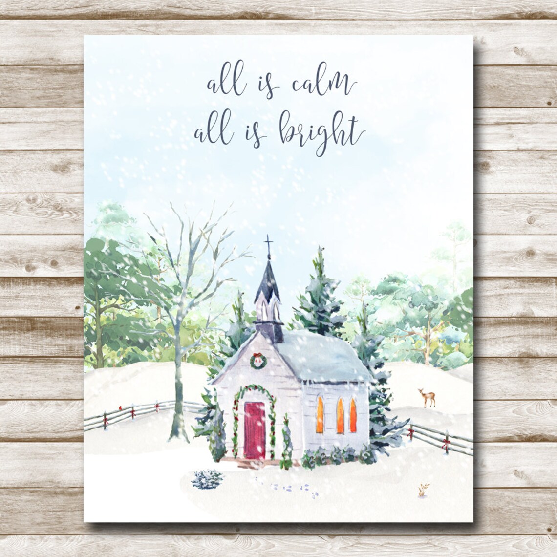 All Is Calm All Is Bright Christmas Wall Art 5x7 8x10 11x14 16x20 Holiday Decor Watercolor Christmas Diy Decor Country Church Sign - Image 4