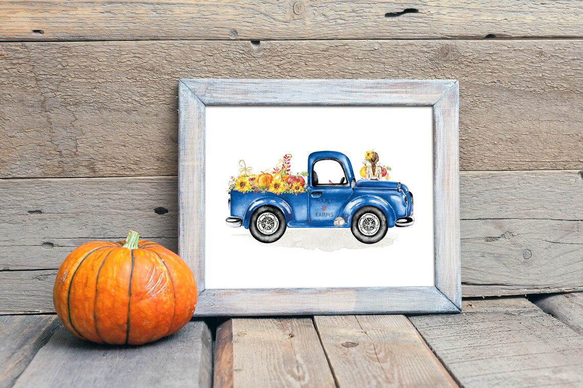 Vintage Blue Farm Truck Sunflowers Maple Farms Fall Harvest Print - Image 2