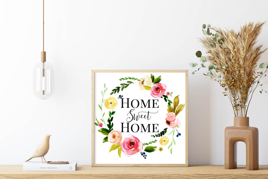 Home Sweet Home Square Floral Wreath Art Print - Image 3