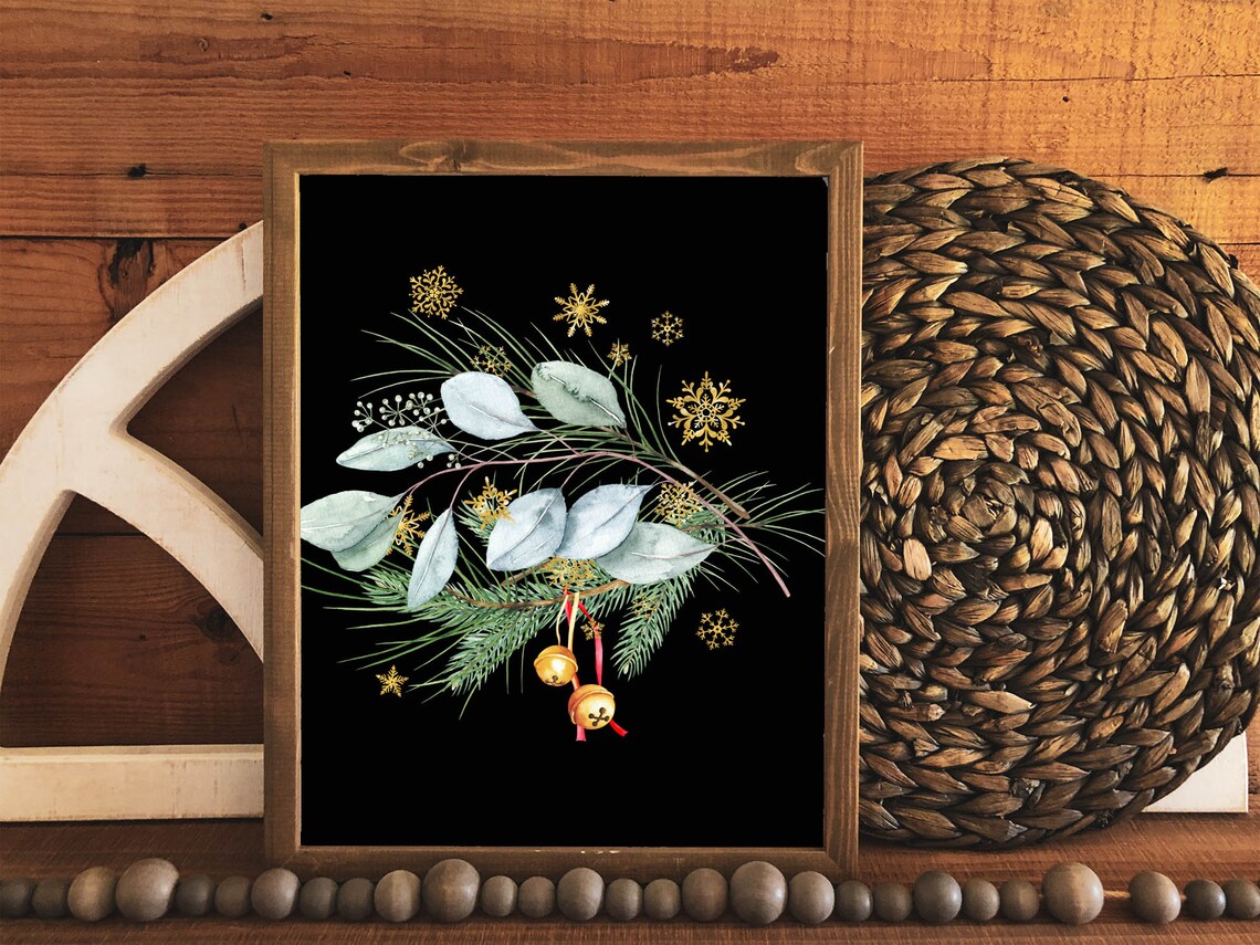 Jingle Bells Chalkboard Pine Bouquet Gold Bells Christmas Wall Art