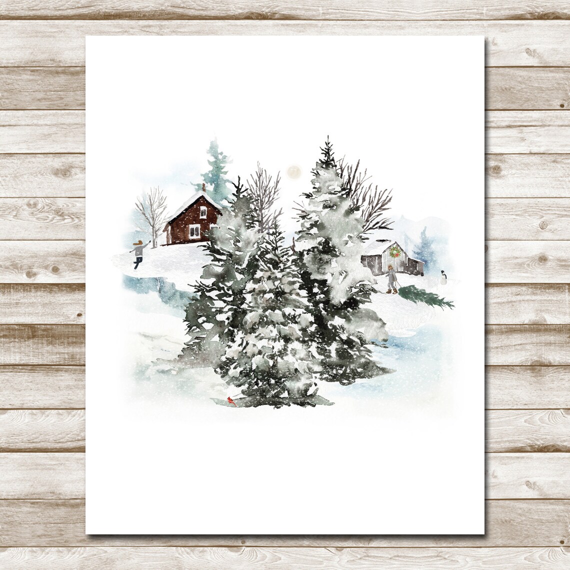 Charming Snowy Cabin Pond Skaters Winter Wonderland Watercolor Poster - Image 4