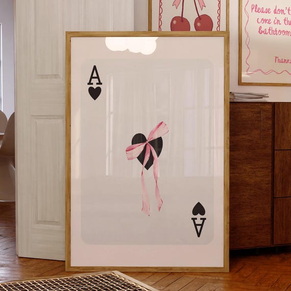 Cute Coquette Bow Playing Card Art Print Black Ace Of Hearts Apartment Instant